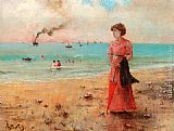 Jeune femme a l'ombrelle rouge au bord de la mer